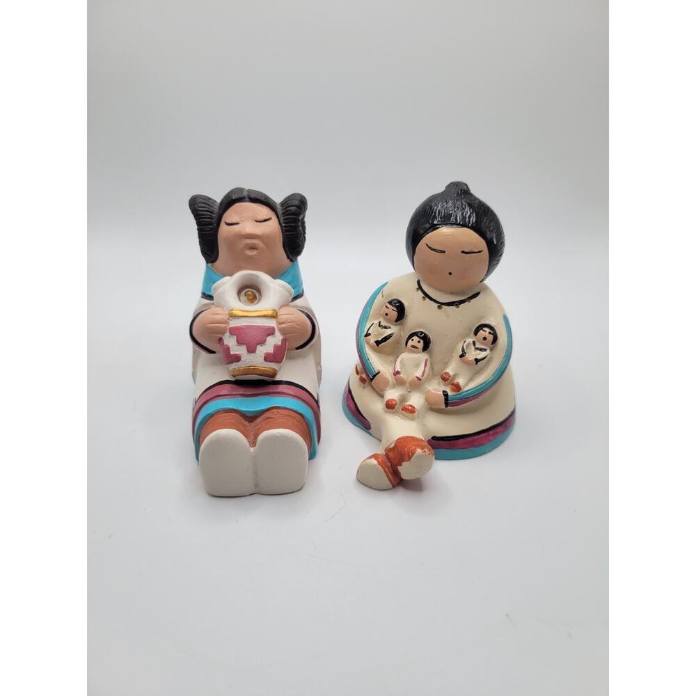 Lot of 2 Native American Pottery Storyteller Figurines Women Children